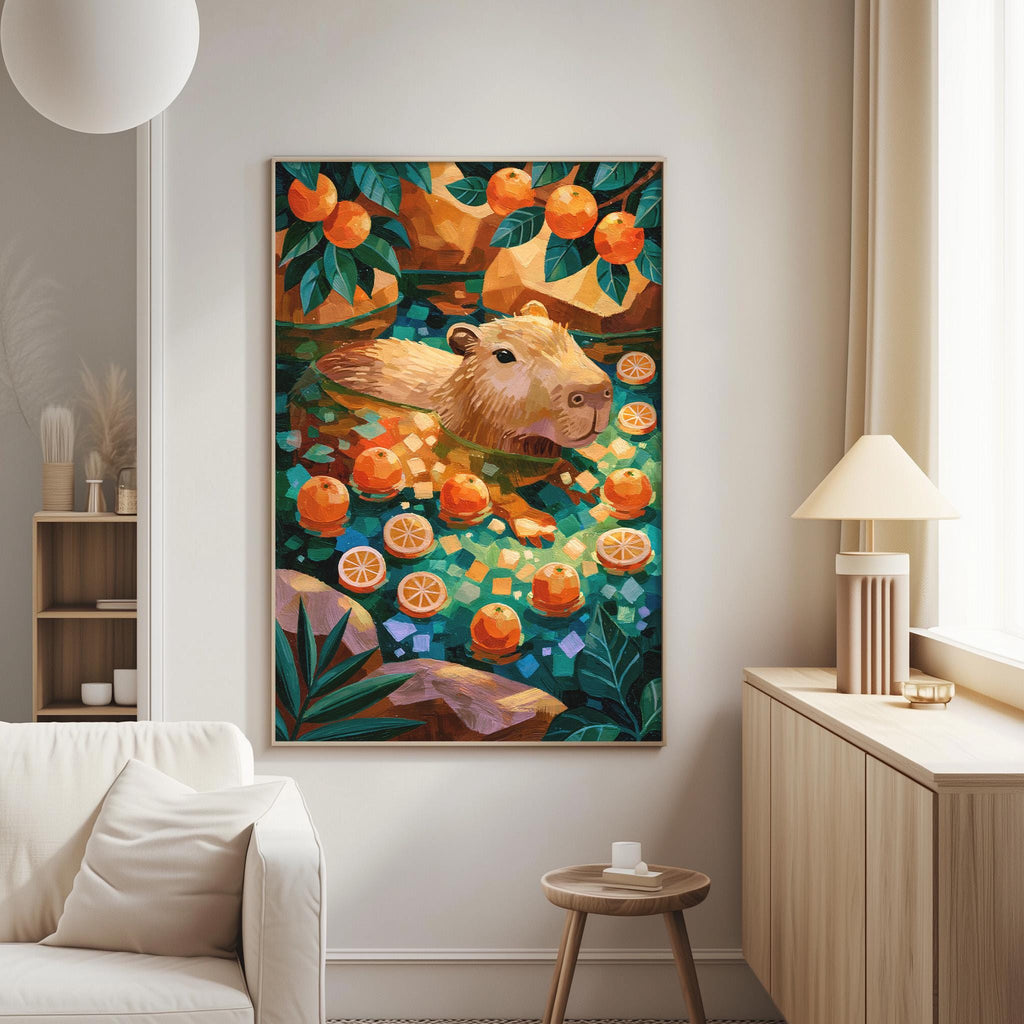 a vibrant painting of a beaver surrounded by an abundance of oranges, creating a lively and colorful scene.