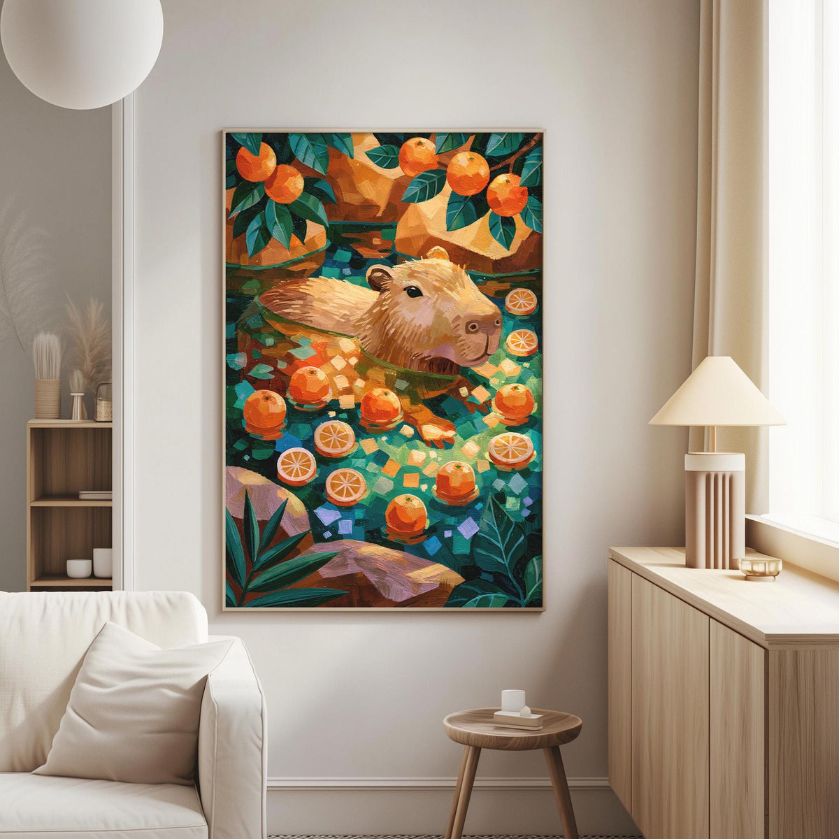 a vibrant painting of a beaver surrounded by an abundance of oranges, creating a lively and colorful scene.