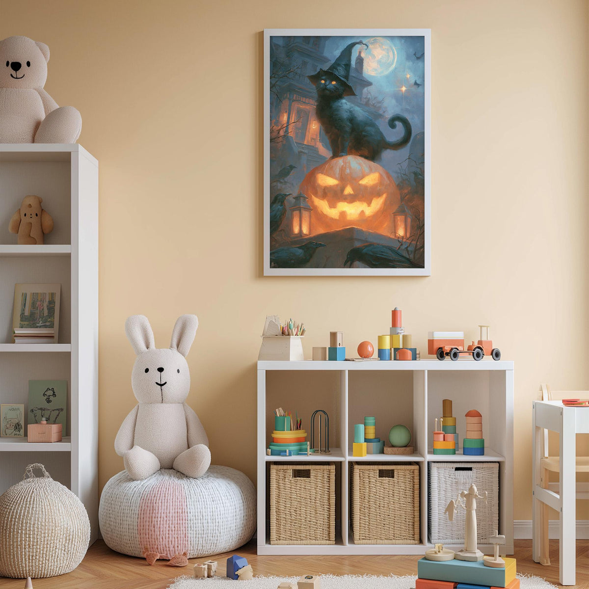 A cozy children's room with a Halloween theme, featuring a large framed painting of a black cat on a jack-o-lantern, a stuffed bunny, and a bookshelf filled with toys and books.