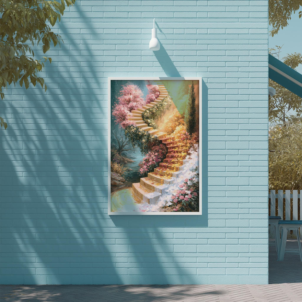 a vibrant painting of a staircase leading up to a garden, with a lush and colorful garden scene.