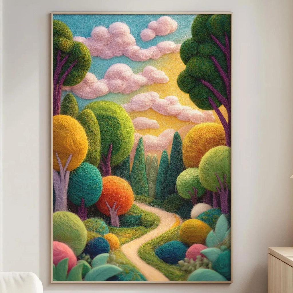 a large, colorful painting of a lush, fantastical forest scene hanging on a wall in a cozy living room.