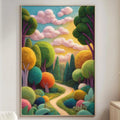 a large, colorful painting of a lush, fantastical forest scene hanging on a wall in a cozy living room.