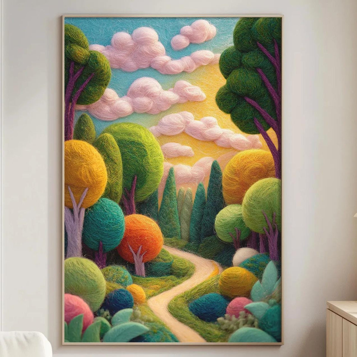 a large, colorful painting of a lush, fantastical forest scene hanging on a wall in a cozy living room.