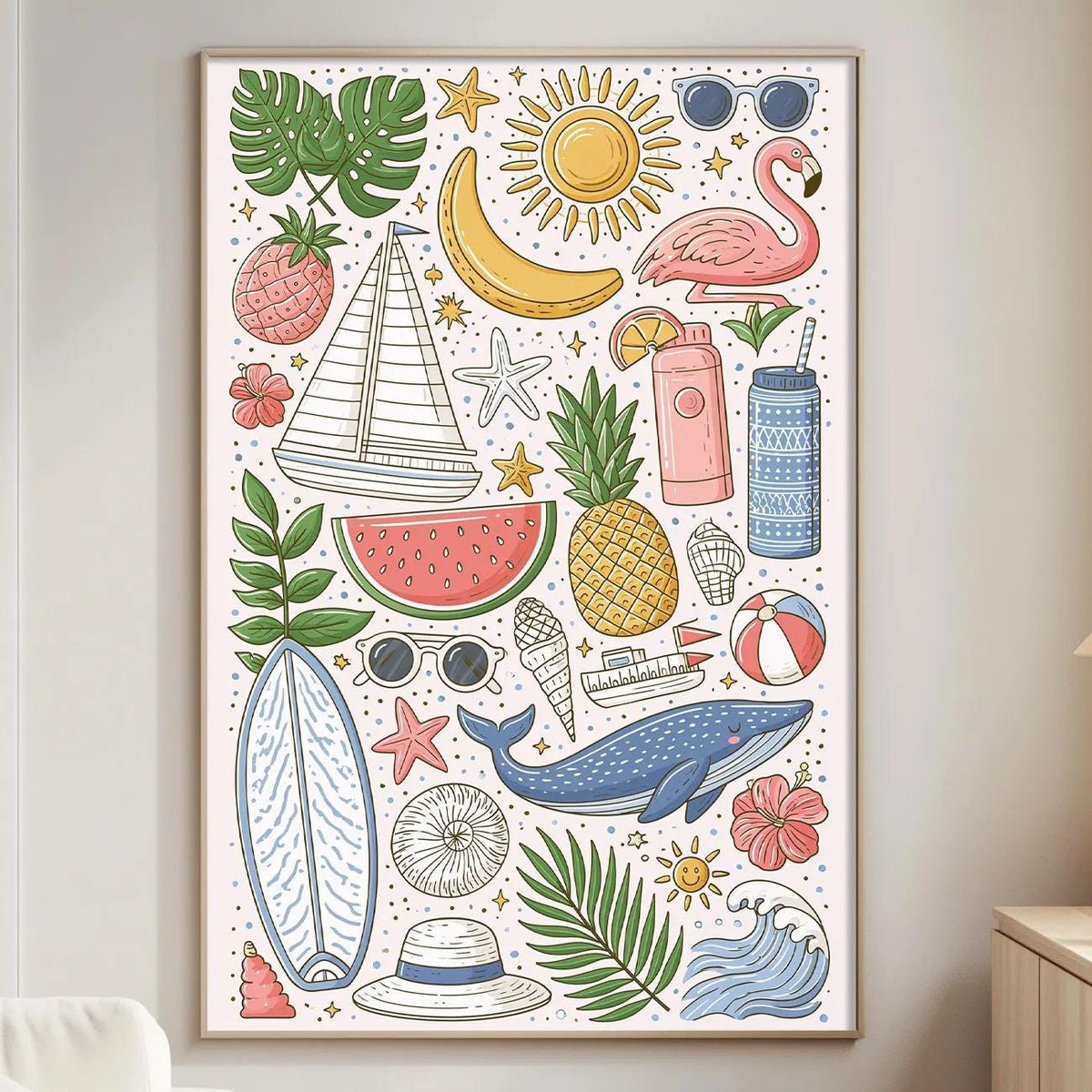 a vibrant and colorful poster or painting hanging on a wall in a living room. The artwork is a collage of various objects and symbols, including a sailboat, banana, flamingo, pineapple, sunglasses, and a beach scene, among others. The poster is framed and appears to be a decorative piece in the room.