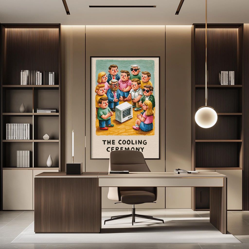 a modern office space with a large framed poster of a cartoon character on the wall, a desk with a chair, and a bookshelf filled with books.