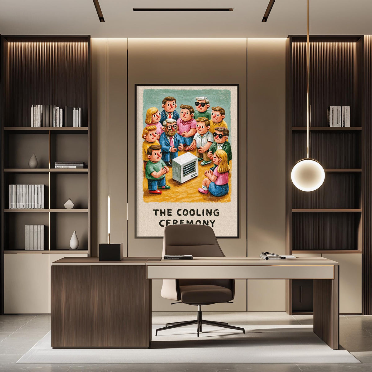 a modern office space with a large framed poster of a cartoon character on the wall, a desk with a chair, and a bookshelf filled with books.