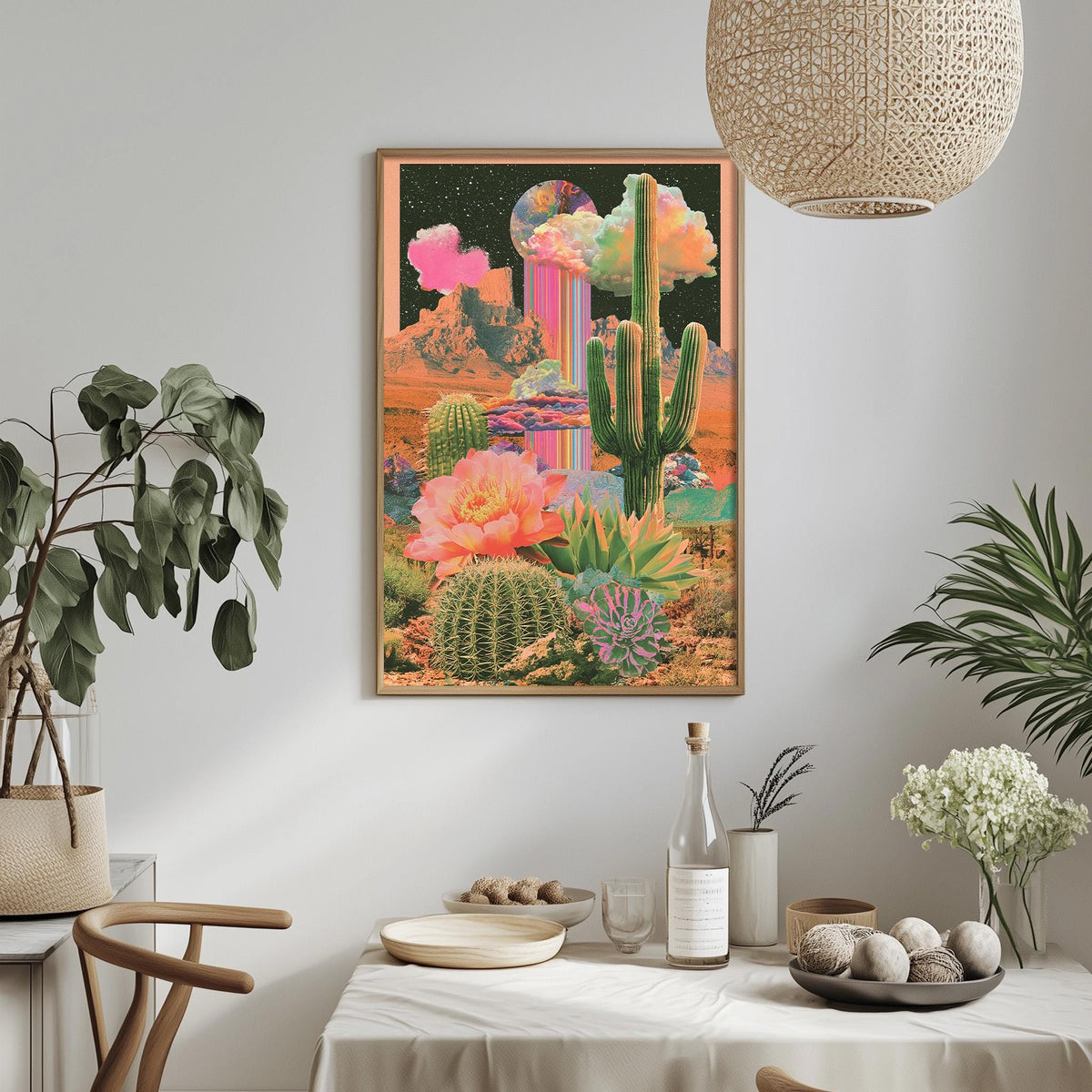 a vibrant and colorful collage of desert-themed elements, including cacti, flowers, and a starry sky, displayed on a wall above a table with various decorative items.