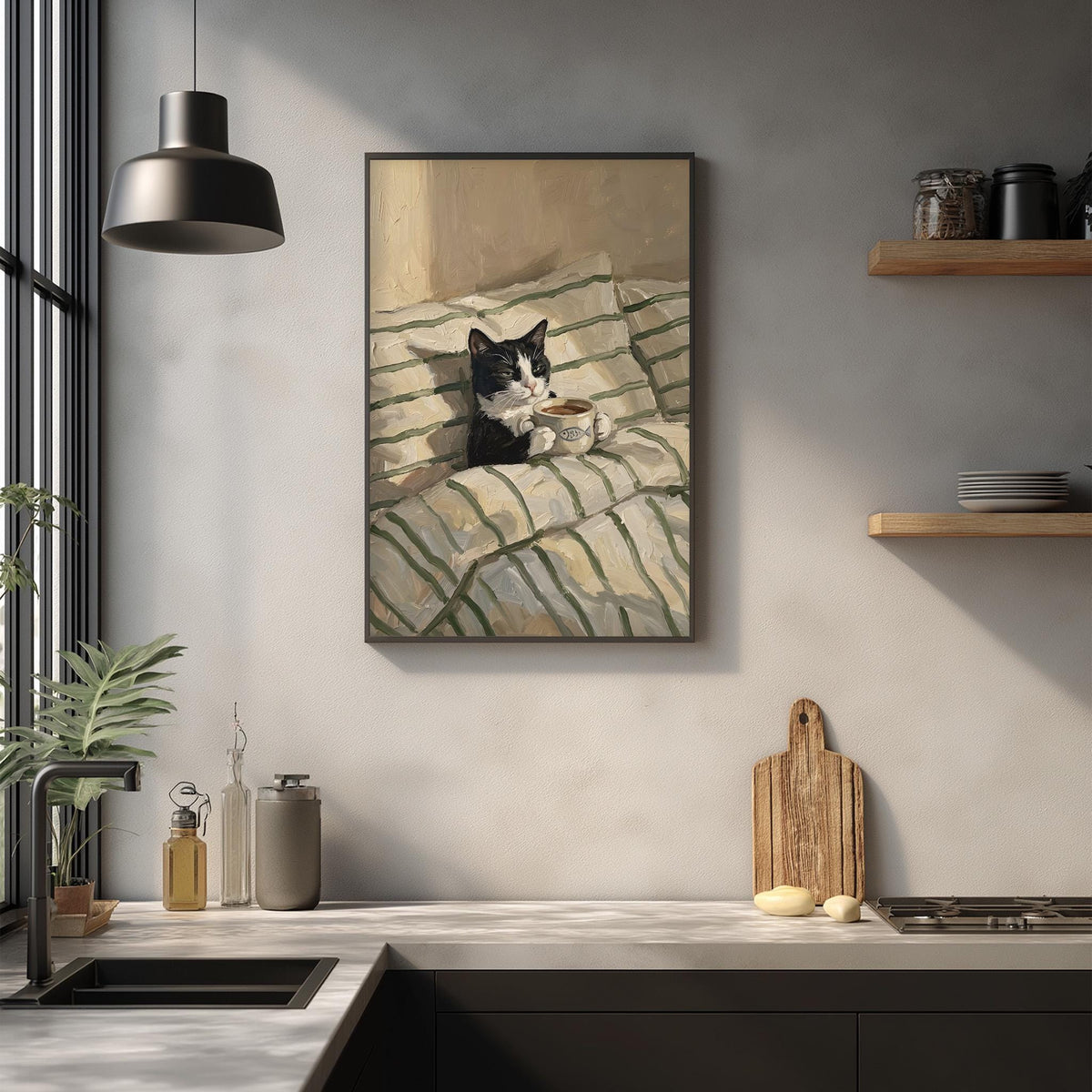 a black and white cat sitting on a striped blanket on a kitchen counter, with a wooden cutting board and other kitchen items visible below.