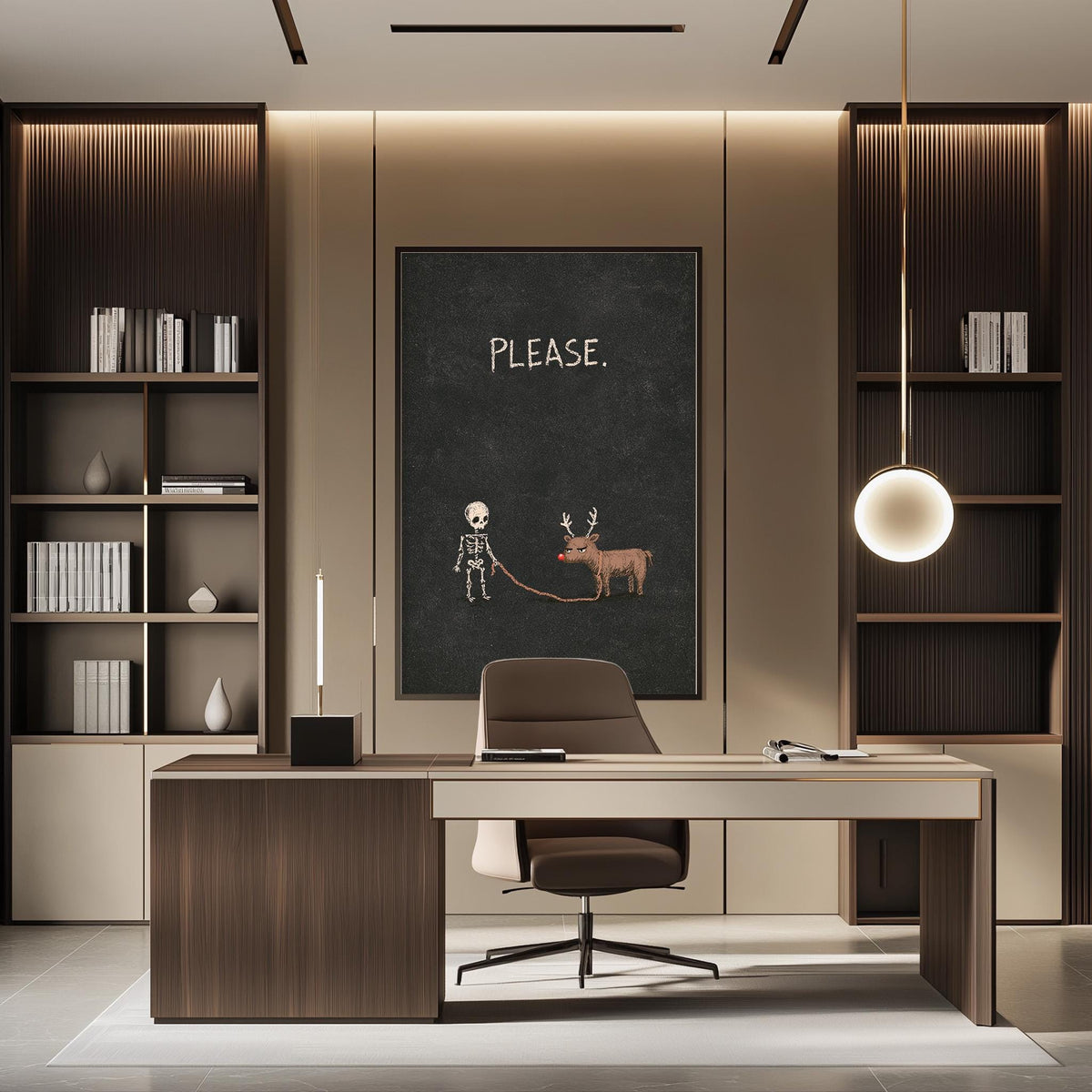 a modern office space with a desk, chair, and shelving units. There is a large blackboard with a skeleton and reindeer drawing on it, and a sign that says "PLEASE". The office has a minimalist and clean design, with a focus on functionality and simplicity.