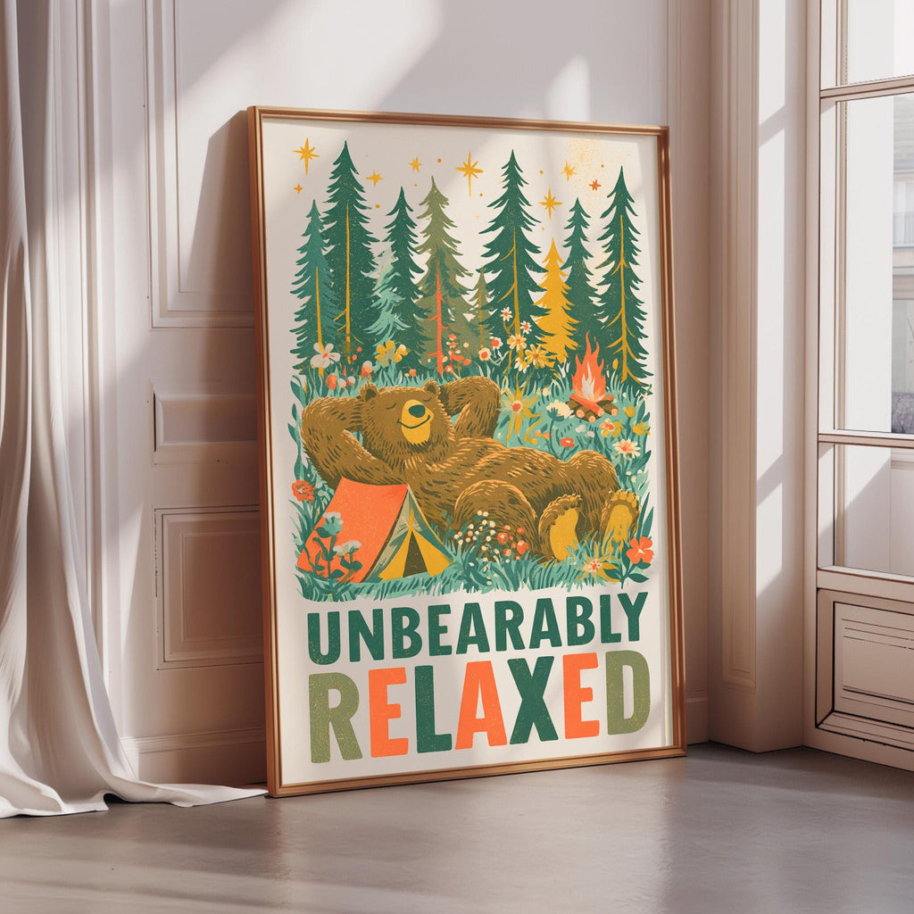 a poster with a bear relaxing in a forest setting, surrounded by pine trees and flowers.
