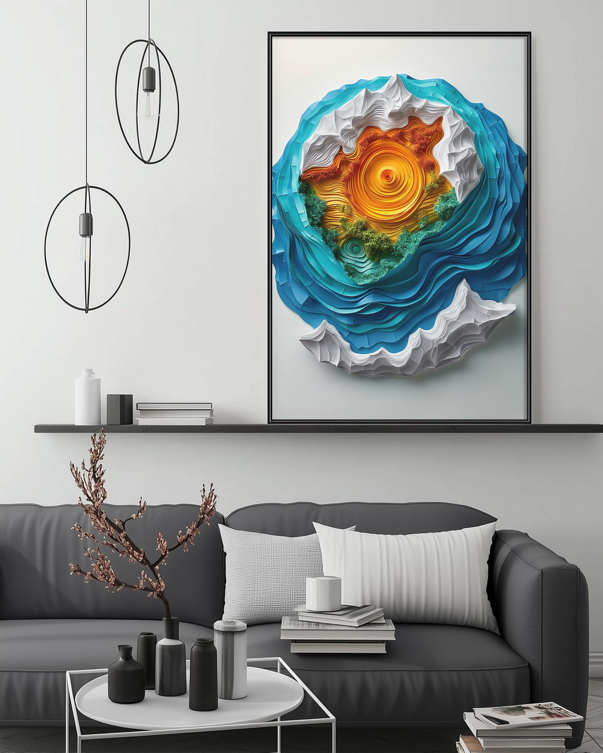 a modern living room with a gray sofa, a coffee table, and a large abstract painting hanging on the wall above the sofa.
