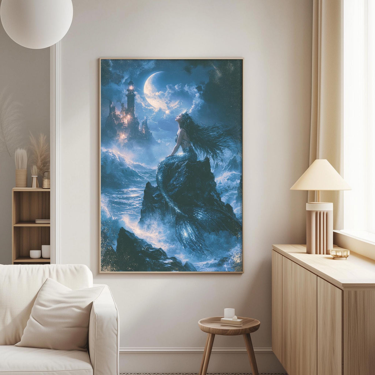 a large, framed painting of a mermaid sitting on a rock, surrounded by a night sky with a lighthouse in the distance.