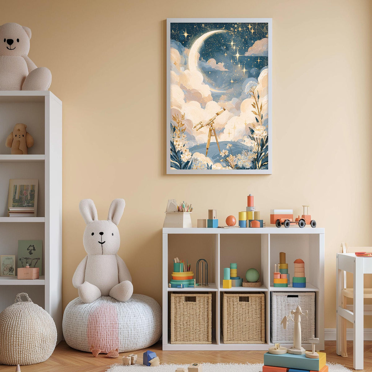 A cozy and colorful children's bedroom with a large stuffed bunny, a bookshelf, and a toy chest filled with toys. The walls are painted a light peach color, and a framed picture of a crescent moon and stars hangs above the bed.