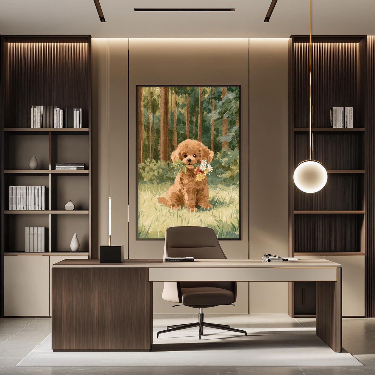 a modern office space with a large painting of a dog sitting in a grassy field as the focal point. The office has a wooden desk, a comfortable chair, and a bookshelf filled with books and decorative items. The overall design and decor create a warm and inviting atmosphere.