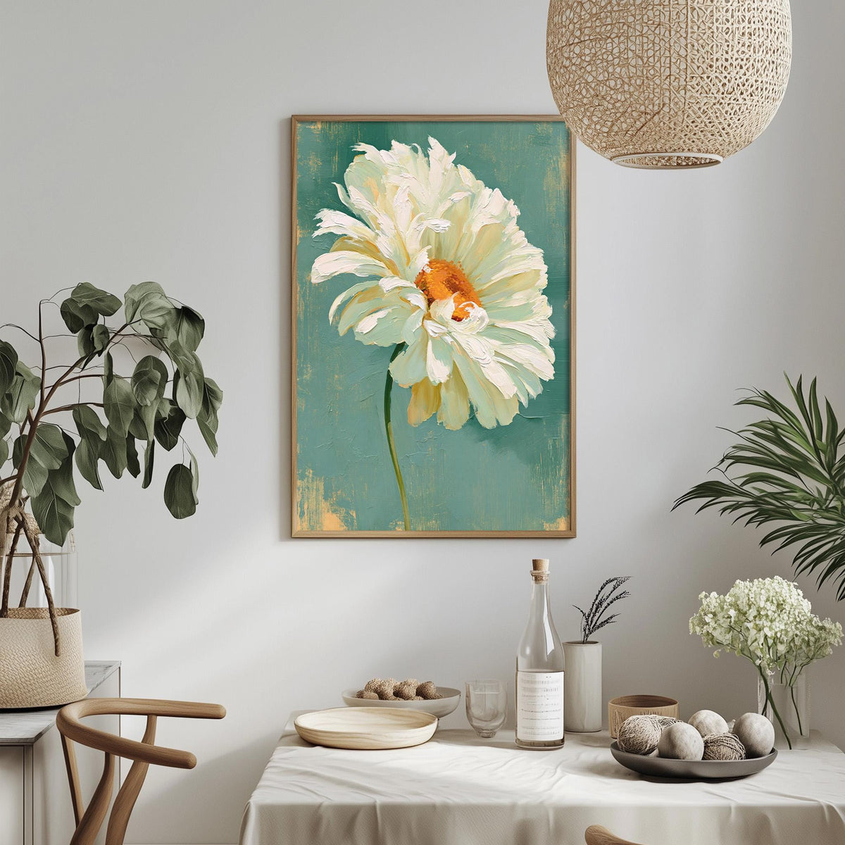 a dining table with a white tablecloth, a vase of white flowers, a bottle of wine, and a bowl of fruit. Above the table, there is a framed painting of a large white flower with an orange center.