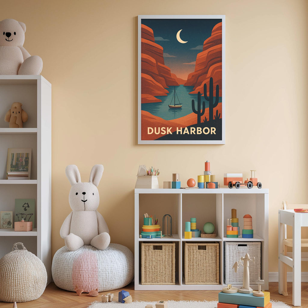 A child's bedroom with a large poster of a desert landscape hanging on the wall, featuring a crescent moon and a sailboat. The room is decorated with various toys, including a teddy bear, a stuffed rabbit, and a toy train. The walls are painted a light peach color, and the floor is covered with a beige rug.