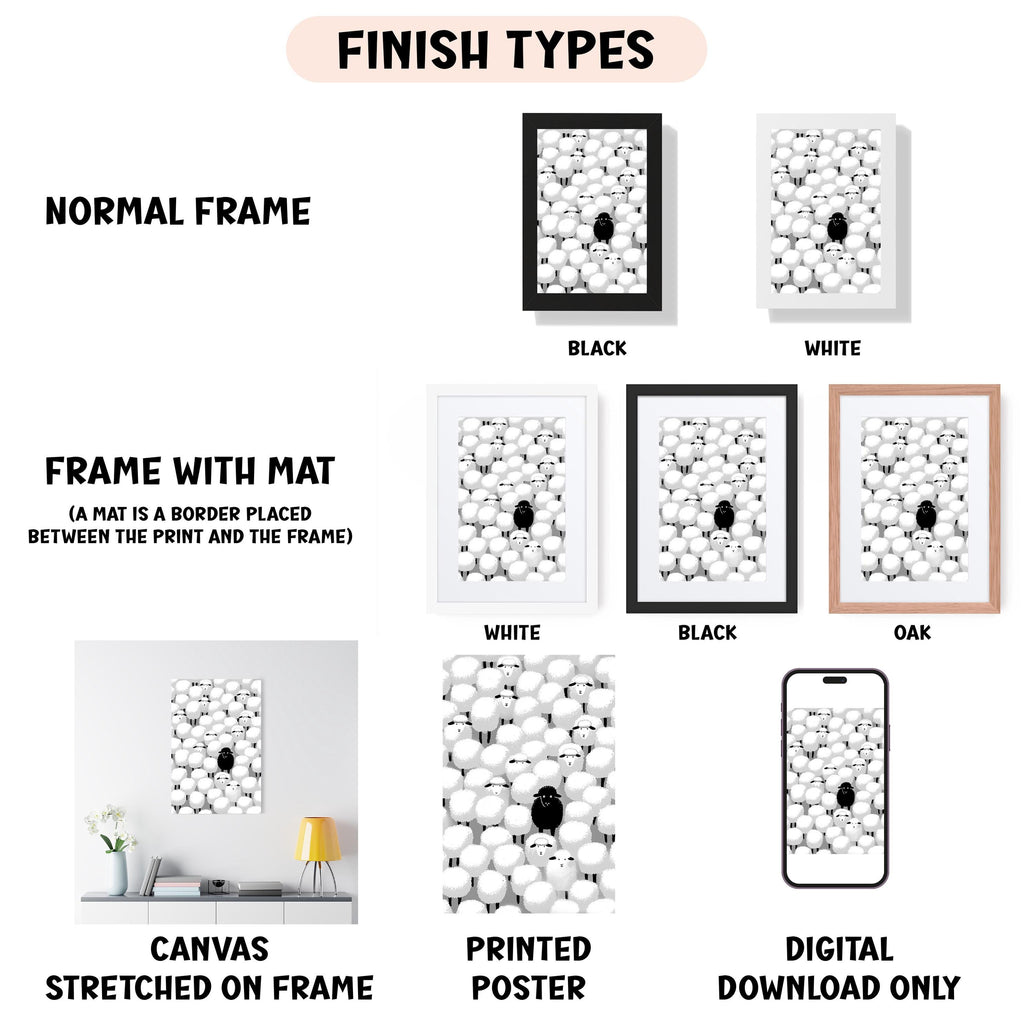 various types of artwork, including a canvas stretched on a frame, a framed poster, and a digital poster. The artwork is presented in different frame colors and styles, such as a normal frame, a black frame, a white frame, and an oak frame. The artwork is also described as a canvas stretched on a frame, a printed poster, and a digital download only. The image is a collage of multiple images, and the text provides information about the artwork, such as the finish types and the materials used.