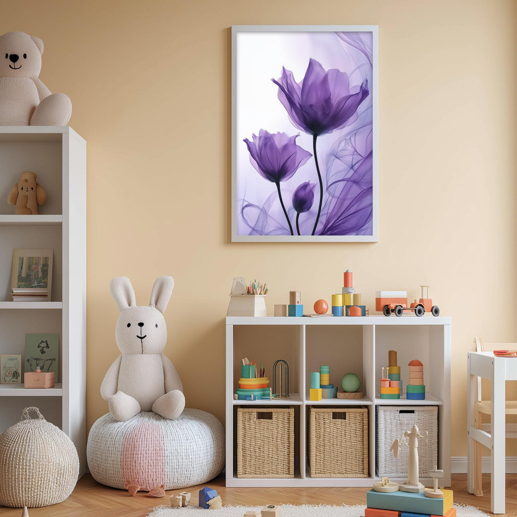 A cozy children's room with a white bookshelf, a plush white bunny, and a colorful toy box filled with toys. A framed purple flower painting hangs on the wall above the toy box.