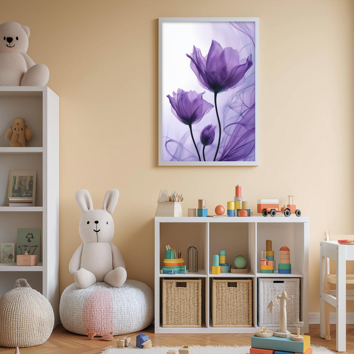 A cozy children's room with a white bookshelf, a plush white bunny, and a colorful toy box filled with toys. A framed purple flower painting hangs on the wall above the toy box.