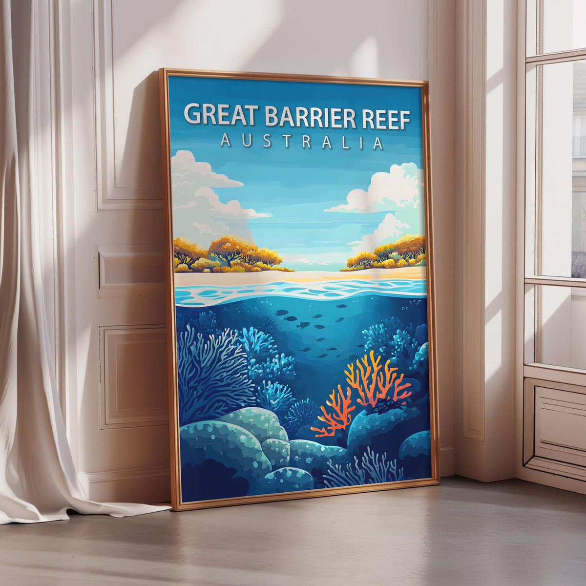 A framed poster depicting a scenic view of the Great Barrier Reef in Australia, with a clear blue sky, ocean, and colorful coral reefs.