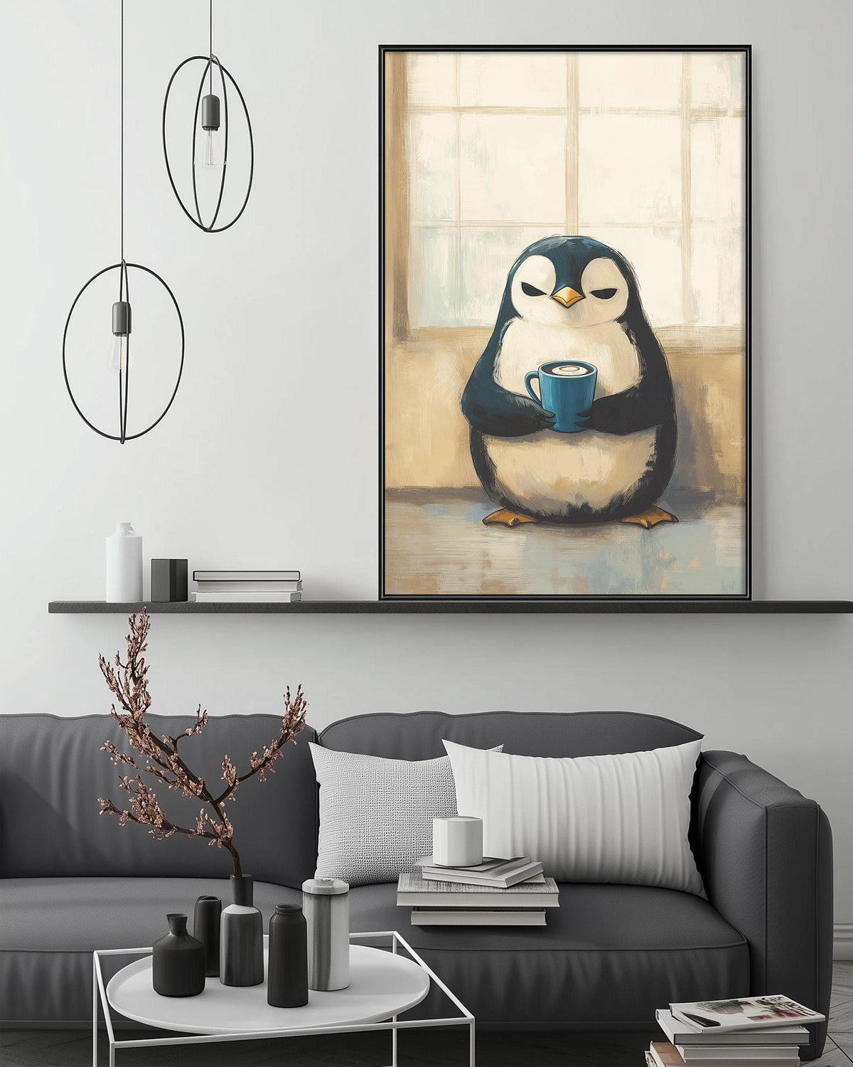 a cozy living room with a gray couch, a coffee table, and a large framed painting of a penguin holding a cup of coffee. The painting is hanging above the couch, creating a warm and inviting atmosphere in the space.