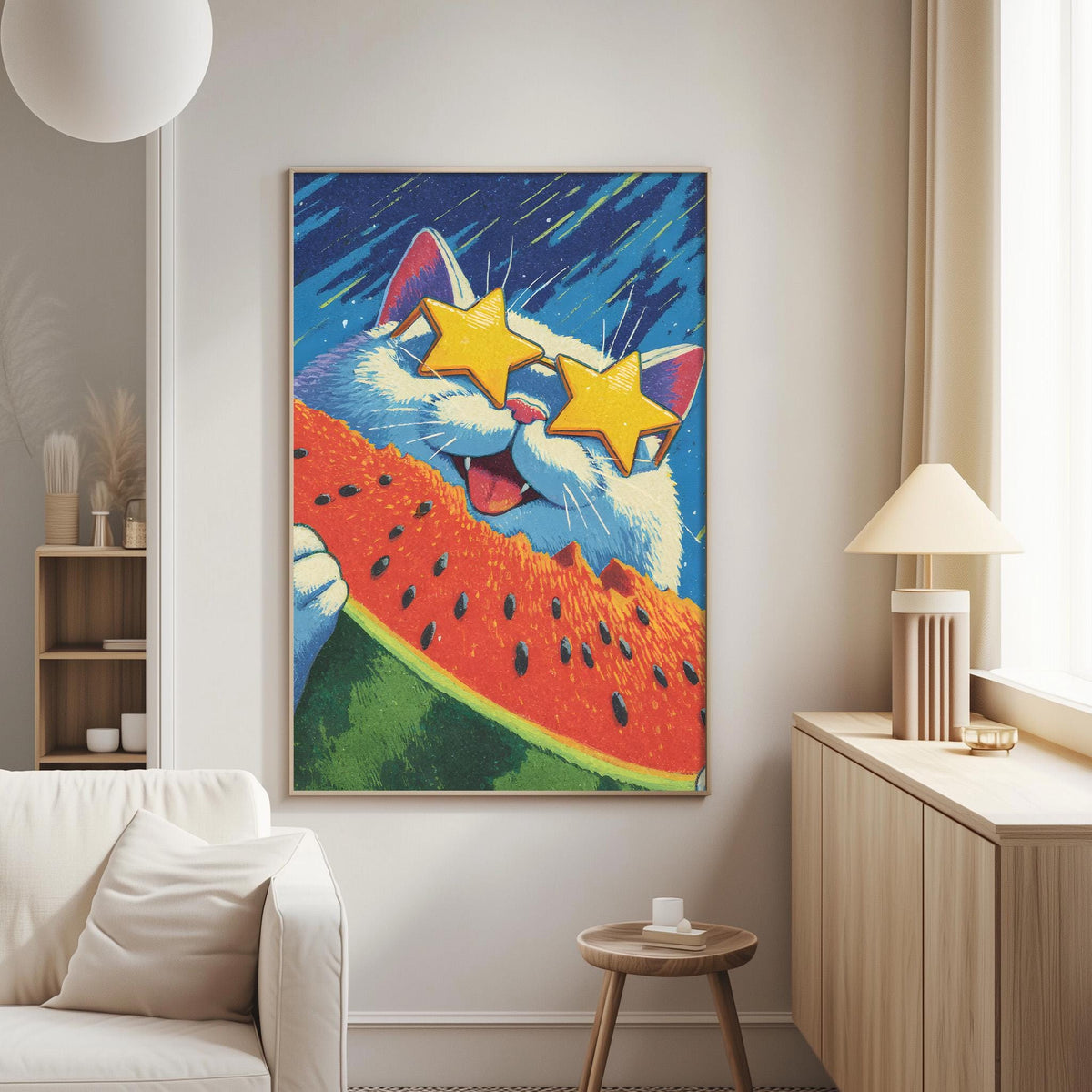 a vibrant and whimsical painting of a cat wearing sunglasses and a watermelon, set against a starry night sky background.