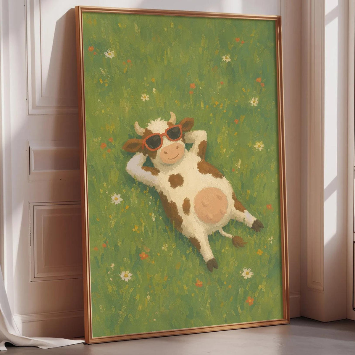A painting of a cow wearing sunglasses and lying on a grassy field with flowers.