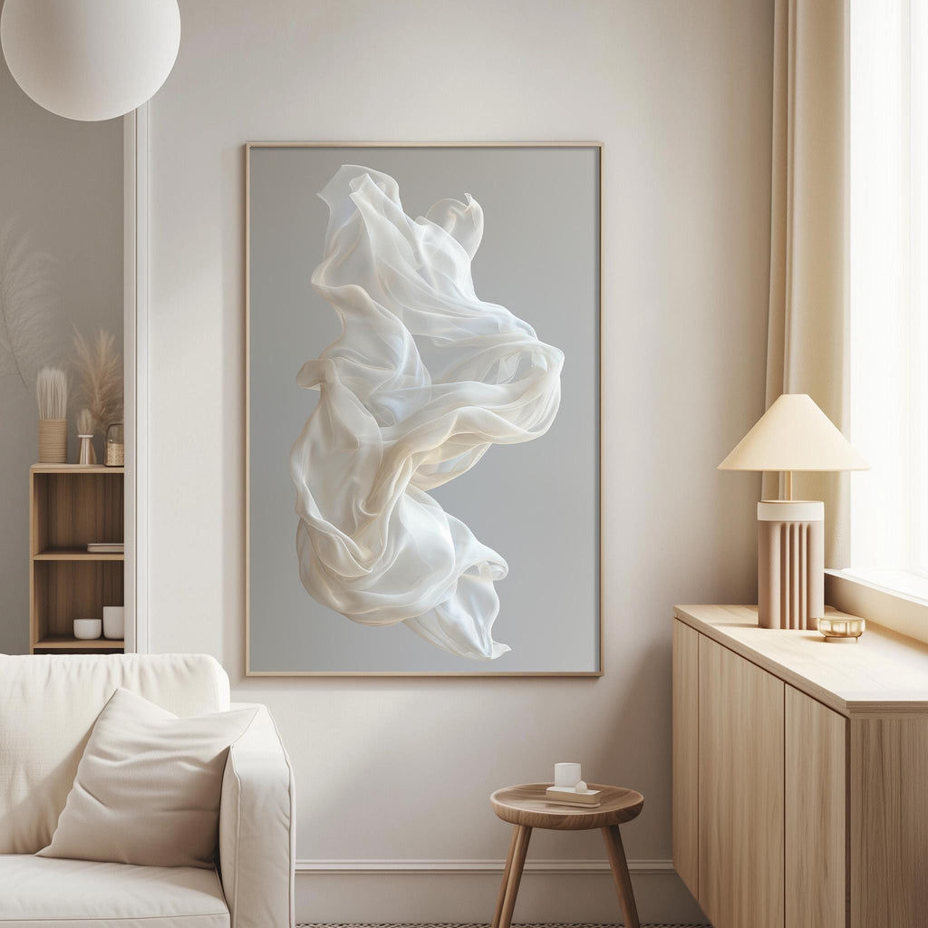 a serene and minimalist living room with a large white abstract painting hanging on the wall, a white sofa, a wooden side table, and a lamp on a wooden cabinet.