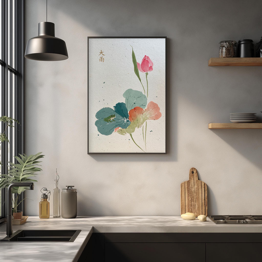 a kitchen counter with various items, including a framed print of a flower design, a wooden cutting board, and some kitchen accessories.