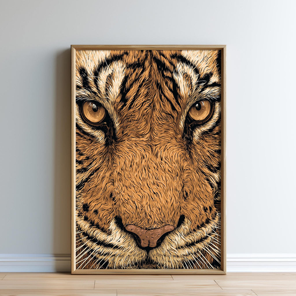 A framed print of a close-up of a tiger's face, showcasing its intense gaze and distinctive features.