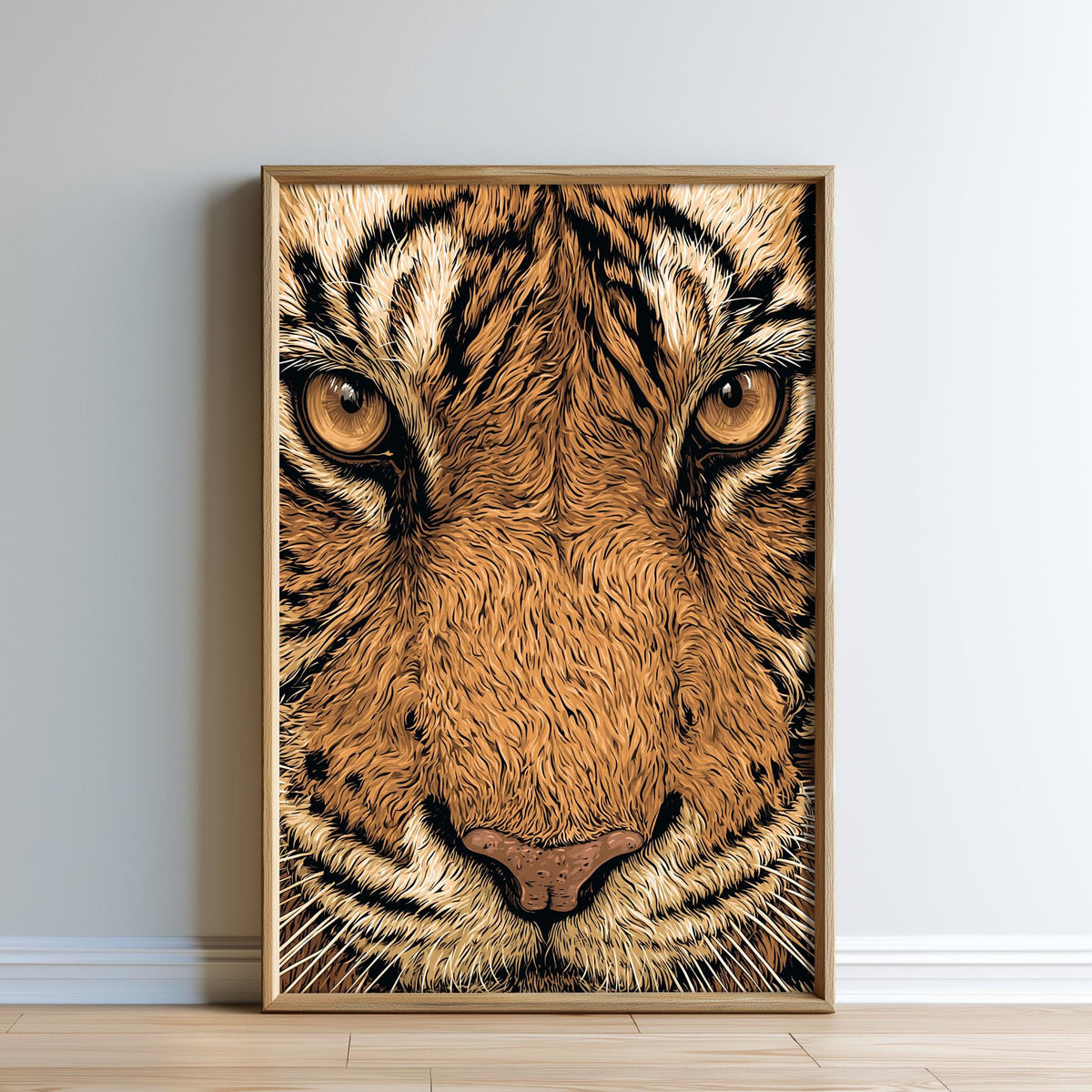 A framed print of a close-up of a tiger's face, showcasing its intense gaze and distinctive features.