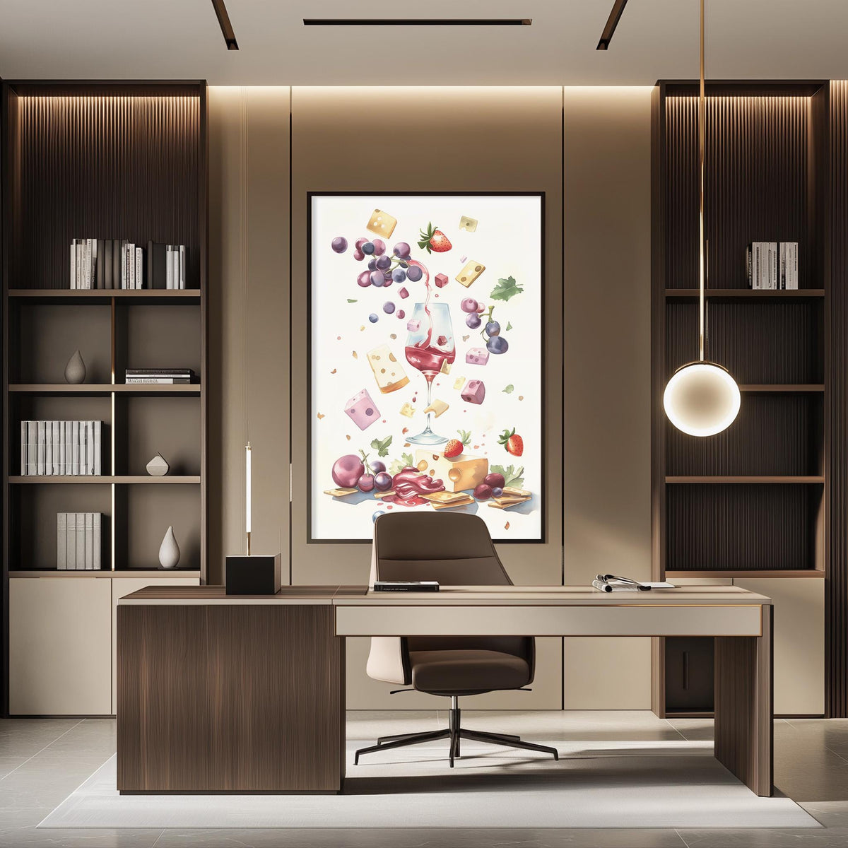 a modern and stylish office space with a large framed artwork of fruits and a wine glass on the wall. The office features a wooden desk, a comfortable chair, and a bookshelf filled with books. The overall design and decor create a pleasant and inviting atmosphere.
