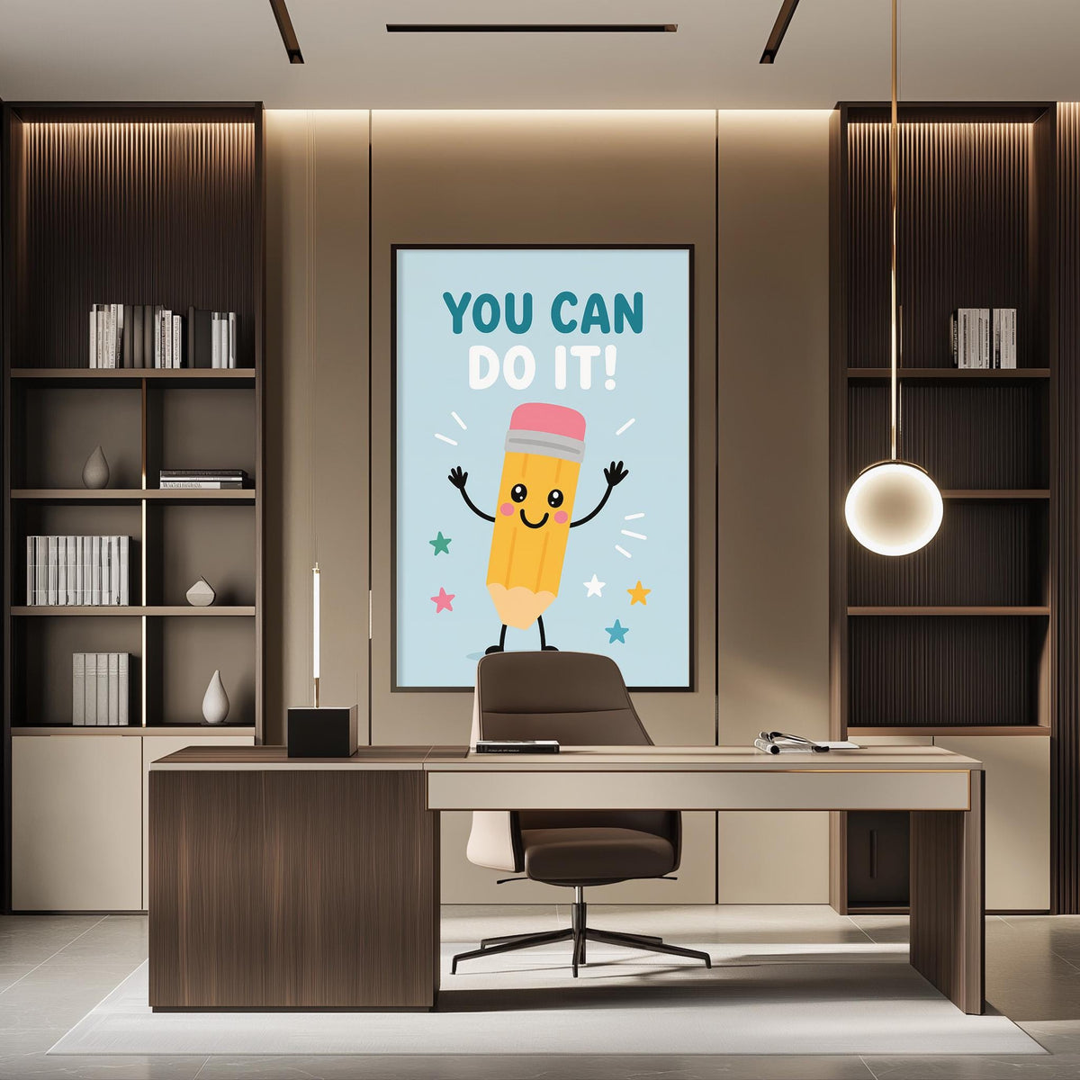 a modern office space with a large poster of a pencil character on the wall, which says "YOU CAN DO IT!" The office has a desk, chair, and bookshelves, creating a professional and inspiring atmosphere.