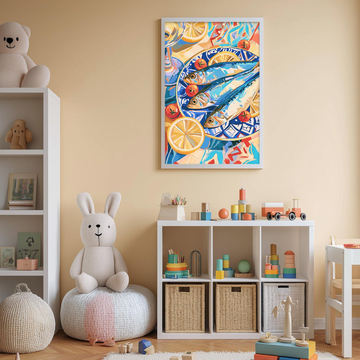 A child's bedroom with a white bookshelf, a stuffed rabbit, and a colorful painting of fish on the wall.