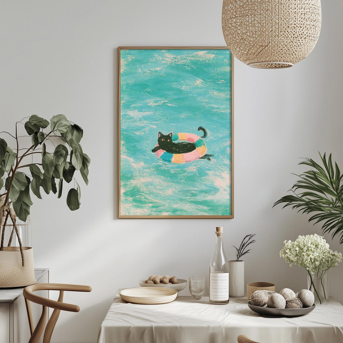 a framed painting of a cat swimming in a pool, surrounded by a serene and relaxing atmosphere with potted plants, a dining table, and a hanging light fixture.