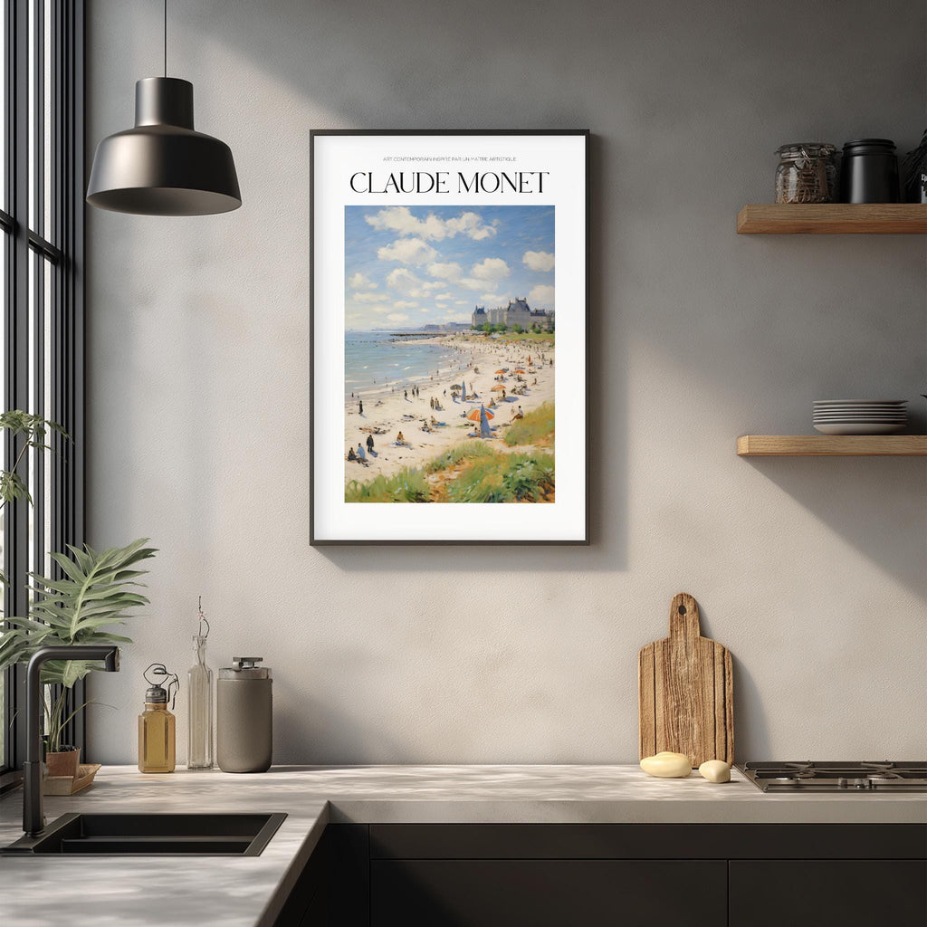 a framed painting of a beach scene hanging on a wall in a kitchen.