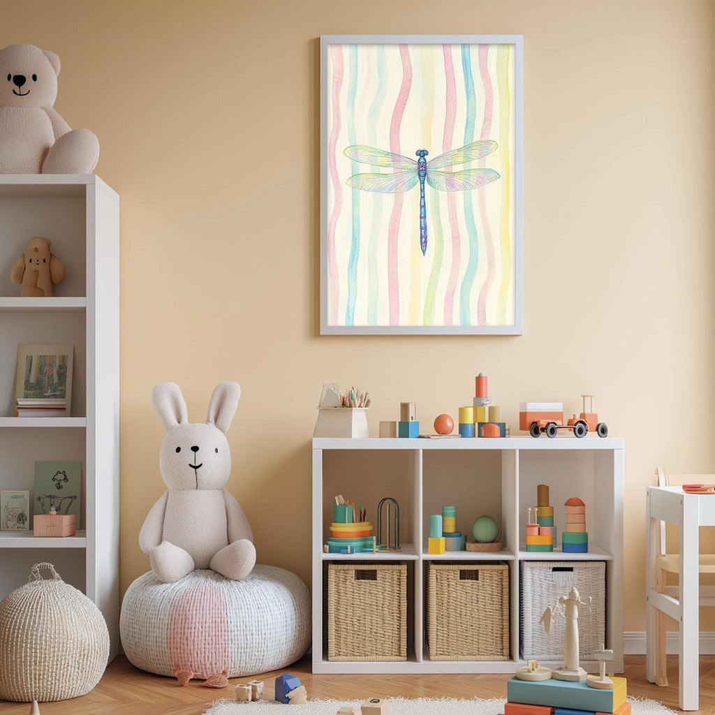 A child's bedroom with a white bookshelf, a stuffed rabbit, a dragonfly poster, and a toy train set.
