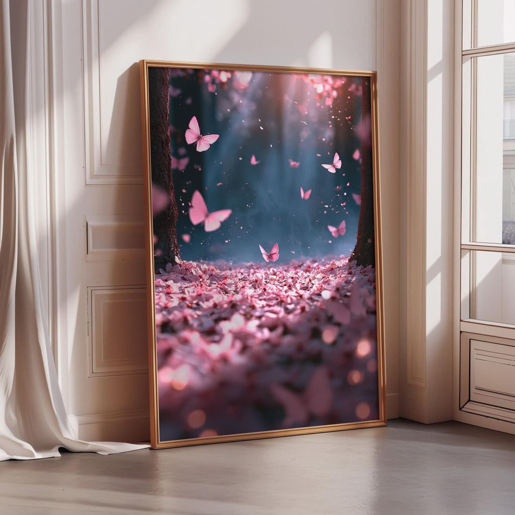 A large framed poster depicting a serene scene of pink butterflies fluttering amidst a field of pink flowers, set against a dark background.