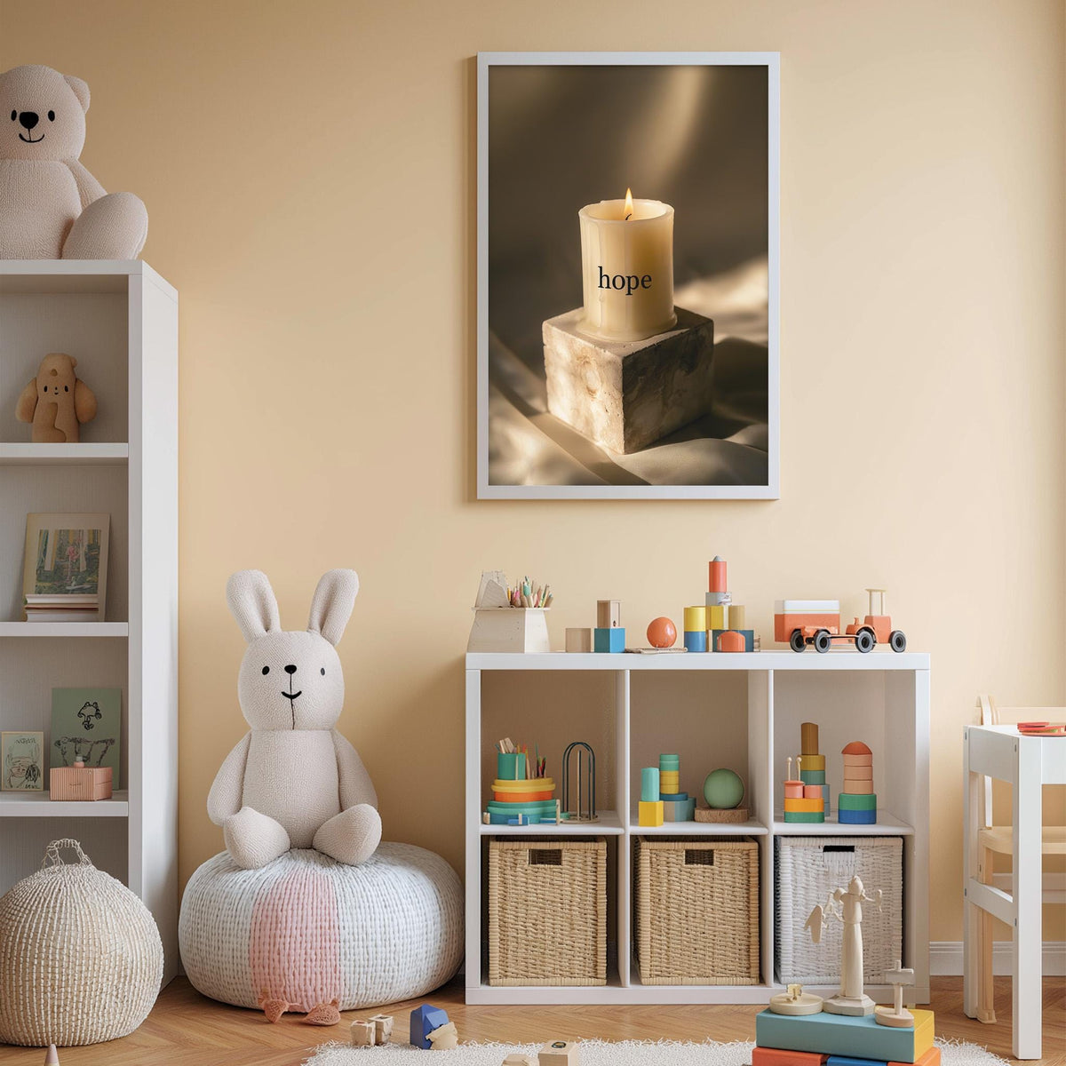 A cozy children's room with a white rabbit sitting on a bean bag chair, surrounded by shelves filled with toys and a white bookshelf. A framed picture of a candle with the word "hope" on it is displayed on the wall above the bookshelf.