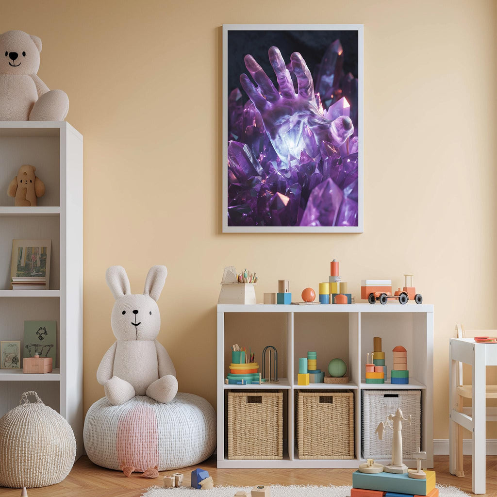 a cozy and colorful children's bedroom with a large stuffed bunny, a bookshelf filled with toys, and a framed artwork on the wall.