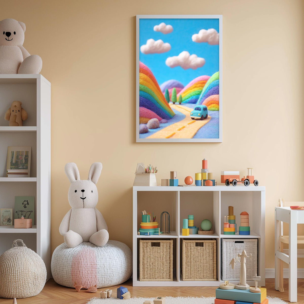 A child's bedroom with a large stuffed rabbit, a toy train, and a colorful painting of a rainbow landscape on the wall.