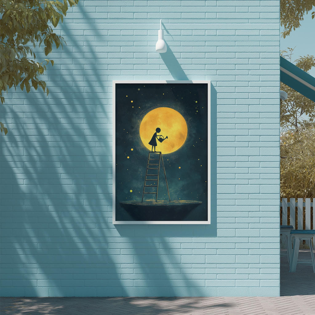 a painting of a person standing on a ladder, reaching up towards a large, glowing moon in the night sky.