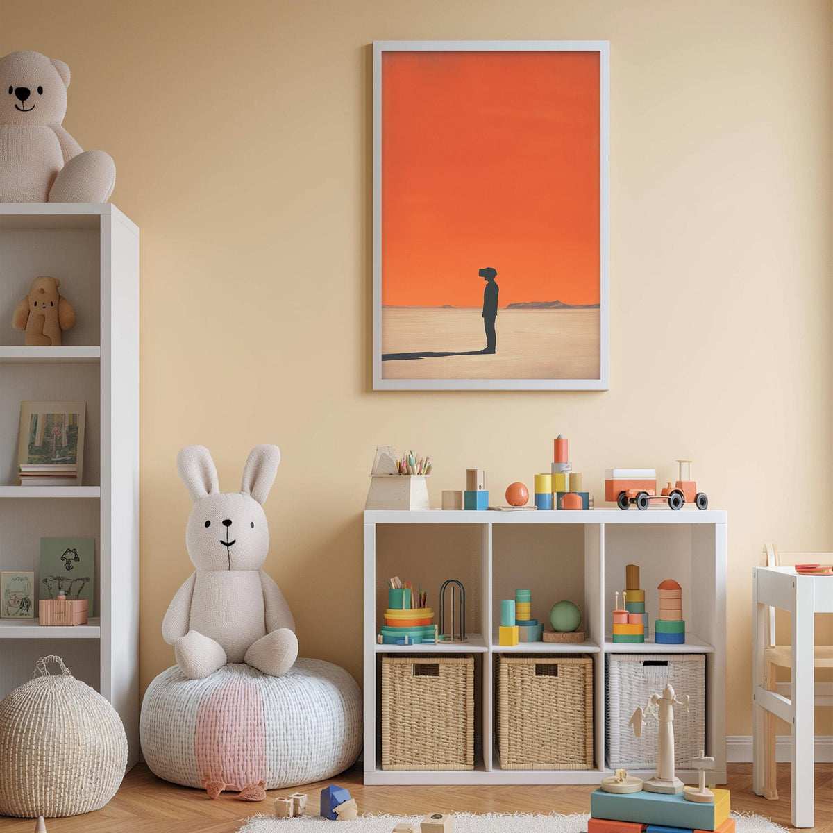 A cozy children's room with a white rabbit sitting on a bean bag chair, surrounded by shelves filled with toys and books, and a framed artwork depicting a person in a desert landscape.