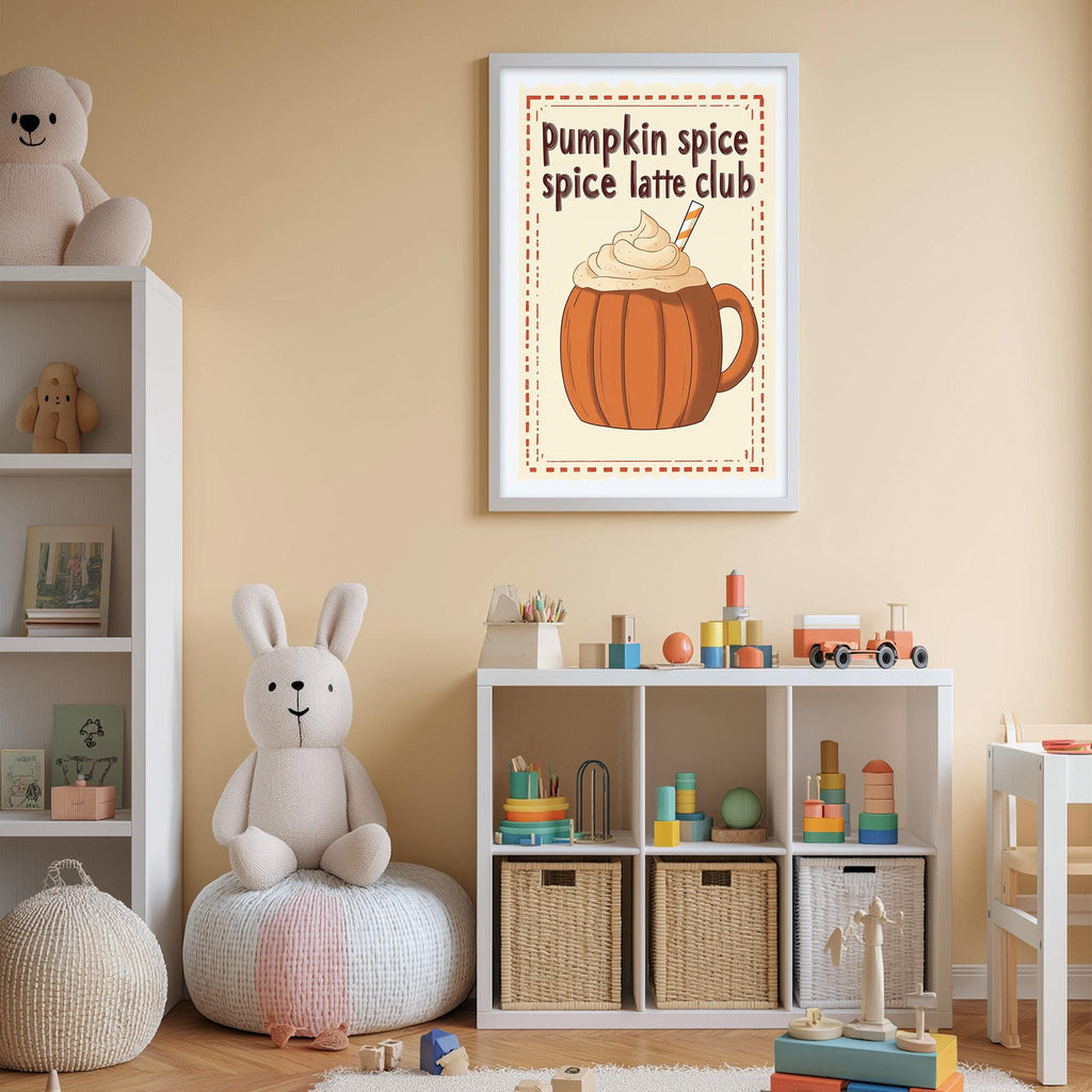 A cozy children's room with a white bookshelf, a plush rabbit, and a framed poster featuring a pumpkin spice latte.