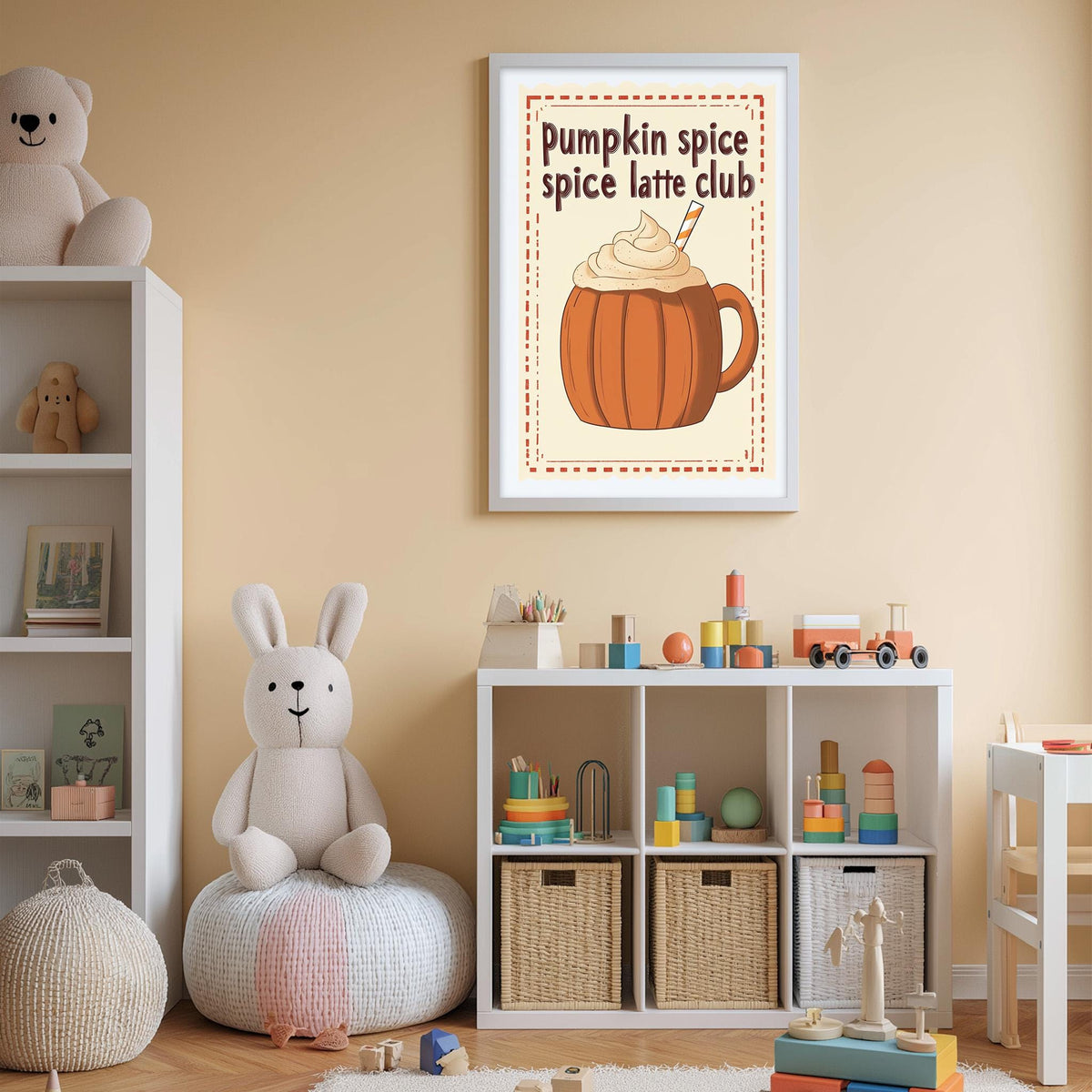 A cozy children's room with a white bookshelf, a plush rabbit, and a framed poster featuring a pumpkin spice latte.