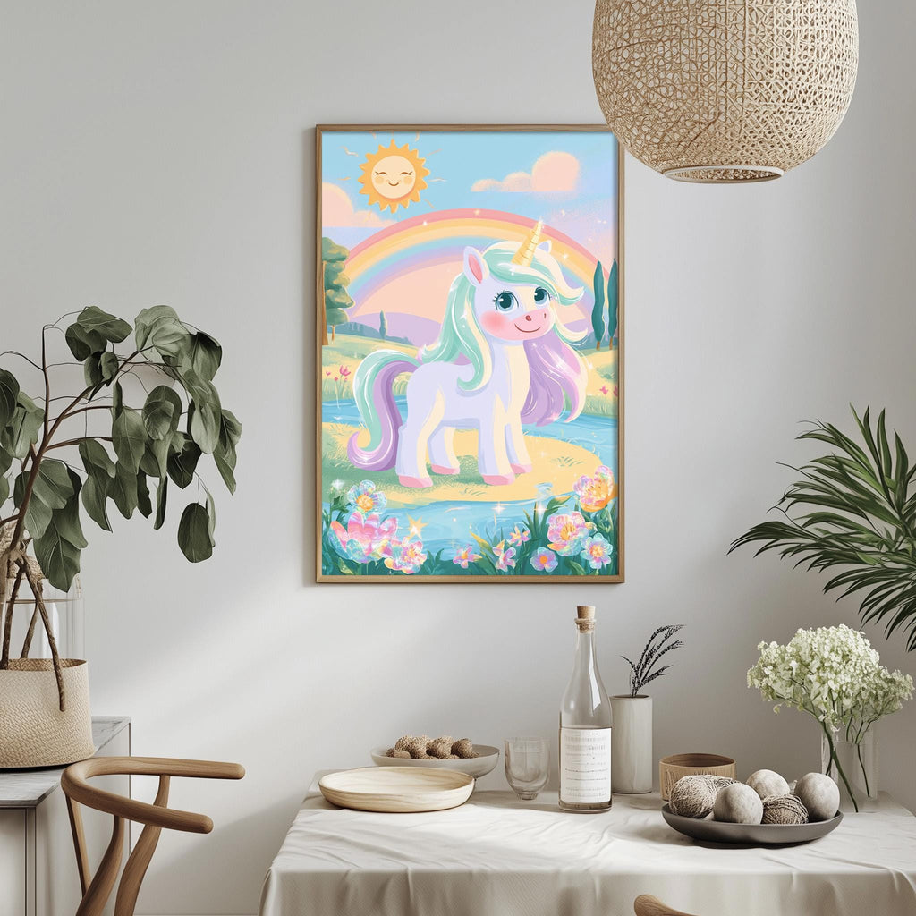 a framed illustration of a unicorn with a rainbow in the background, surrounded by a colorful and whimsical landscape.