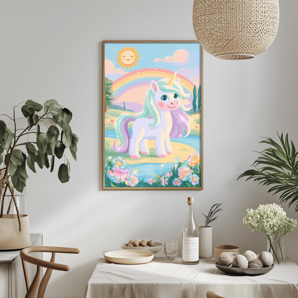 a framed illustration of a unicorn with a rainbow in the background, surrounded by a colorful and whimsical landscape.