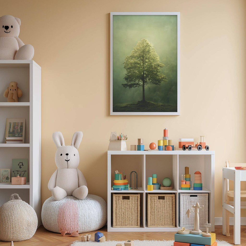 A cozy children's room with a large tree painting on the wall, a white bookshelf filled with toys, and a plush rabbit sitting on a bean bag chair.