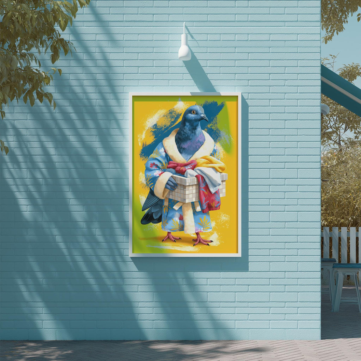a colorful painting of a bird wearing a robe and holding a basket, displayed on a blue wall.