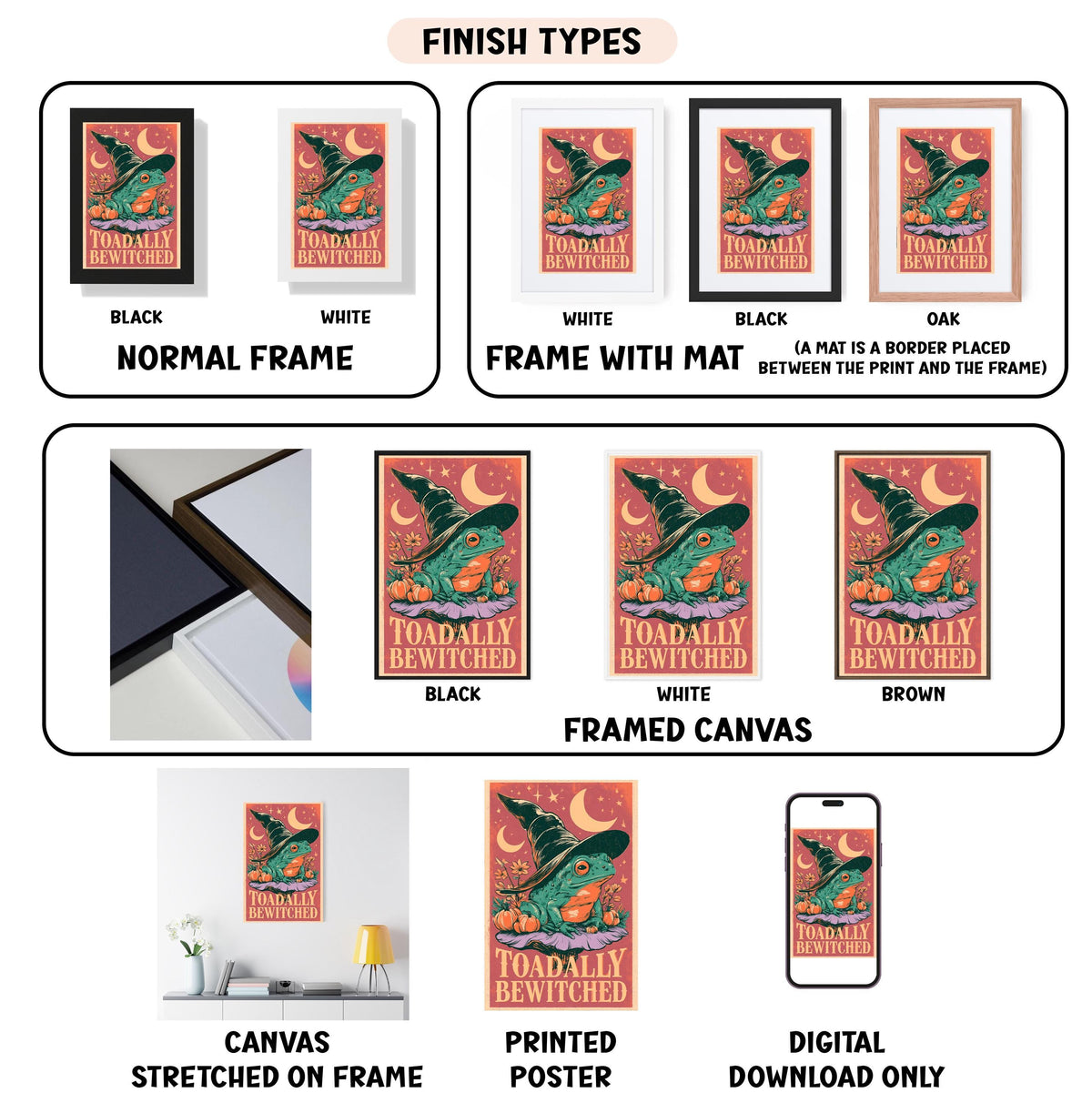 various images of a framed poster or artwork, each with different finishes and frame types. The text provides information about the finishes and frame types, such as whether the artwork is black, white, or framed canvas. The image also includes a digital download option for the poster.